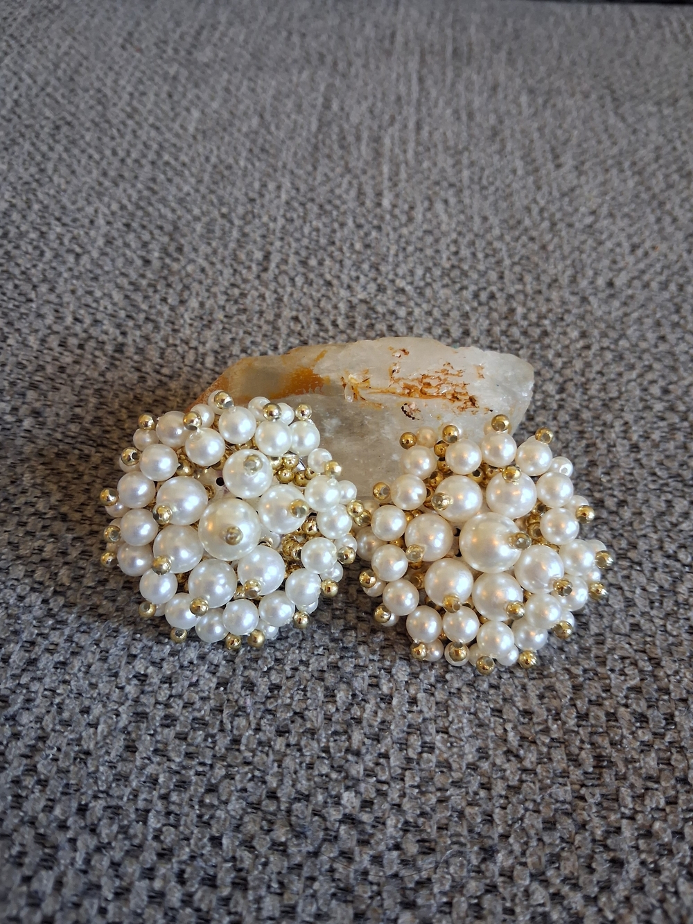 Vintage Gold & Pearl Cluster Clip-On Earrings - Women Jewelry